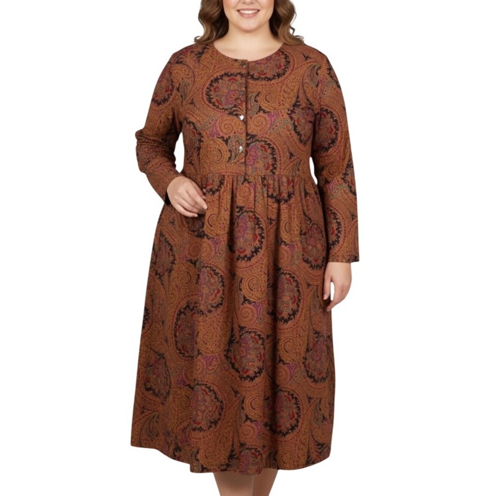 VTG DAMON DRESS Brown/Black/Multi Paisley 1/2-BUTTON UP SHIRT SHIFT Plus 18/18WP